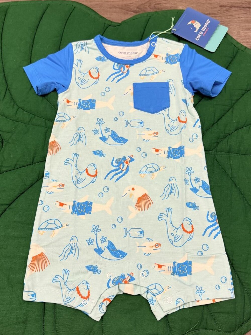 Coco Moon Hawaii 12-18M Blue Reef Rascals Ocean Sea Life Shortie Bamboo Romper